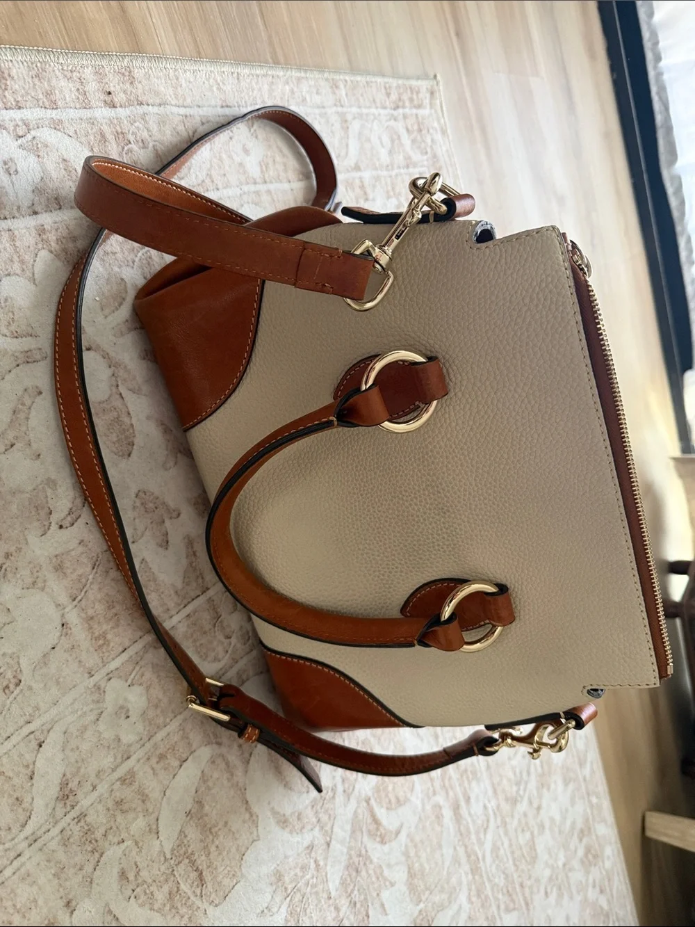 Dooney & Bourke Cream and Brown Pebbled Leather Satchel